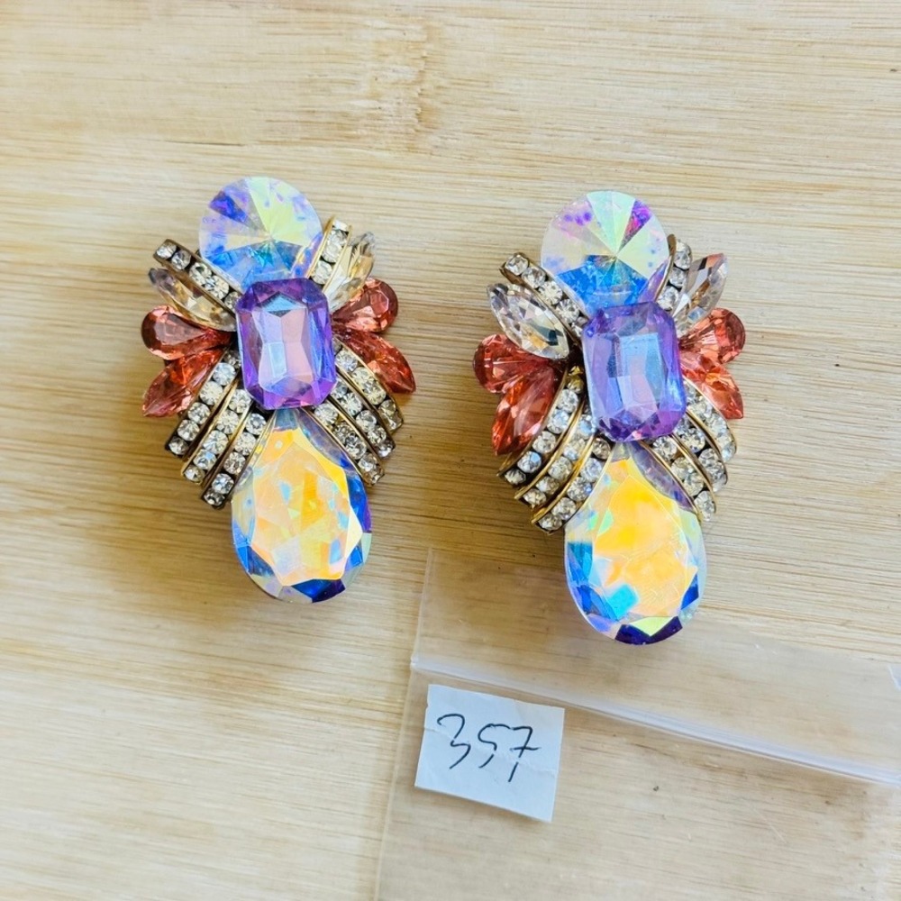 VTG Designs By SD Heart Earrings Austrian Crystal rhinestone Clip Iridescent 80s - Picture 6 of 6